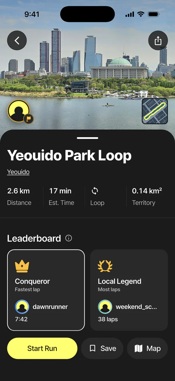 A course in the KYRO app — Yeouido Park Loop and its own leaderboard